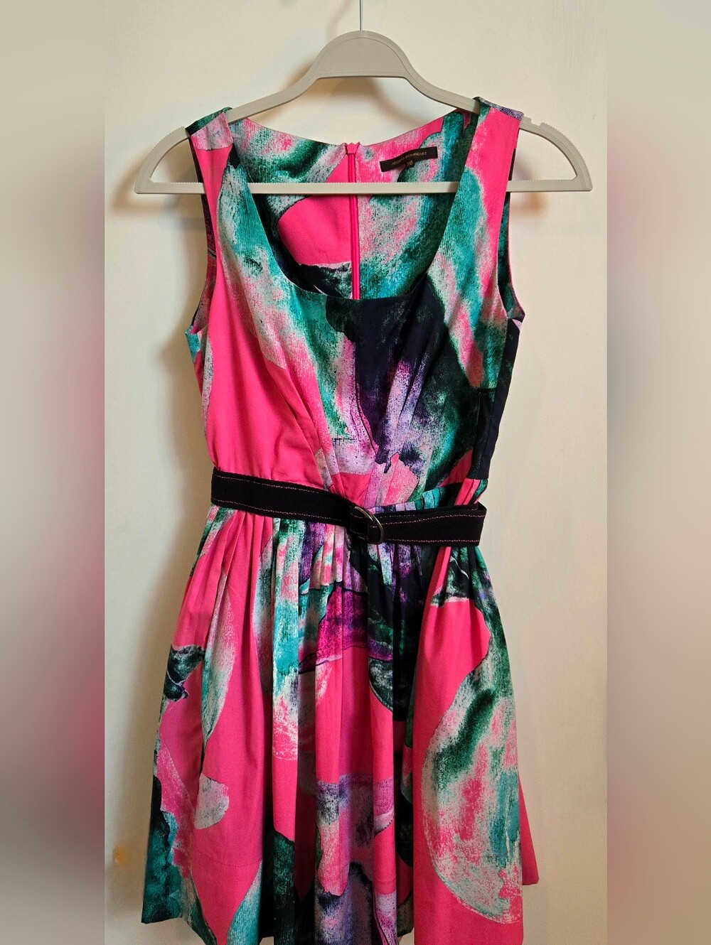 Adolfo Dominguez Watercolor Floral Flare Dress Fuchsia Teal Mini Wedding Guest